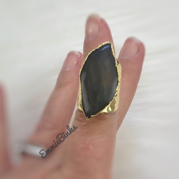 New Natural Labradorite Crystal Cocktail Ring / Water Drop Statement Ring - Picture 3 of 14